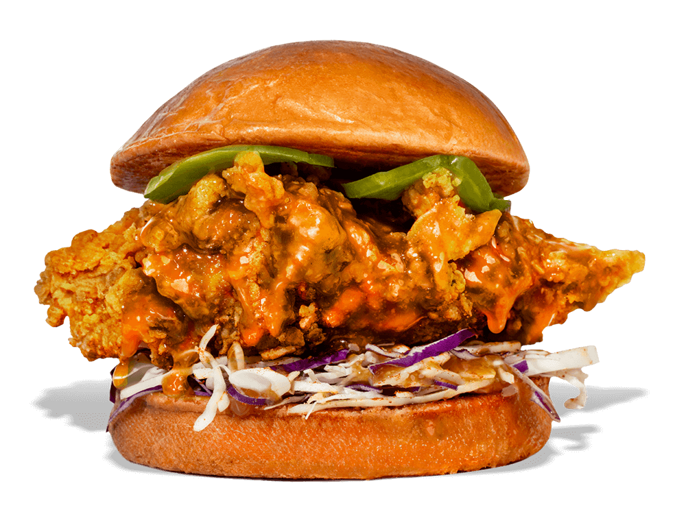 Taste Kung Fu Chicken's Honey Garlic Sandwich in Miami! Crispy Asian chicken, sweet honey garlic glaze, slaw & zesty pickled peppers.