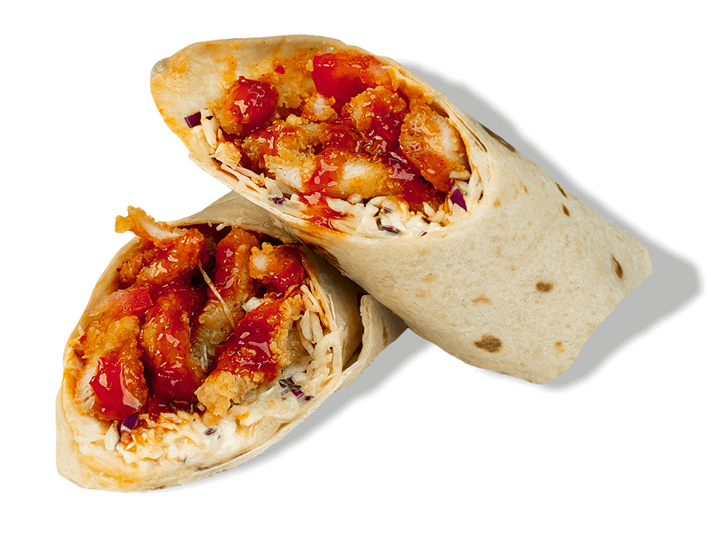 Kung Fu Chicken's Sweet Sriracha Wrap: crispy Asian chicken, bold sweet sriracha sauce, and fresh slaw in a soft tortilla. Miami's fave!