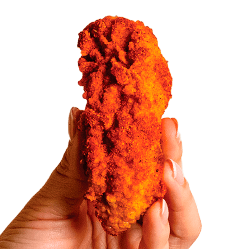 A crispy Szechuan Ma La fried chicken finger with bold flavors, a unique option at Kung Fu Chicken in Miami.