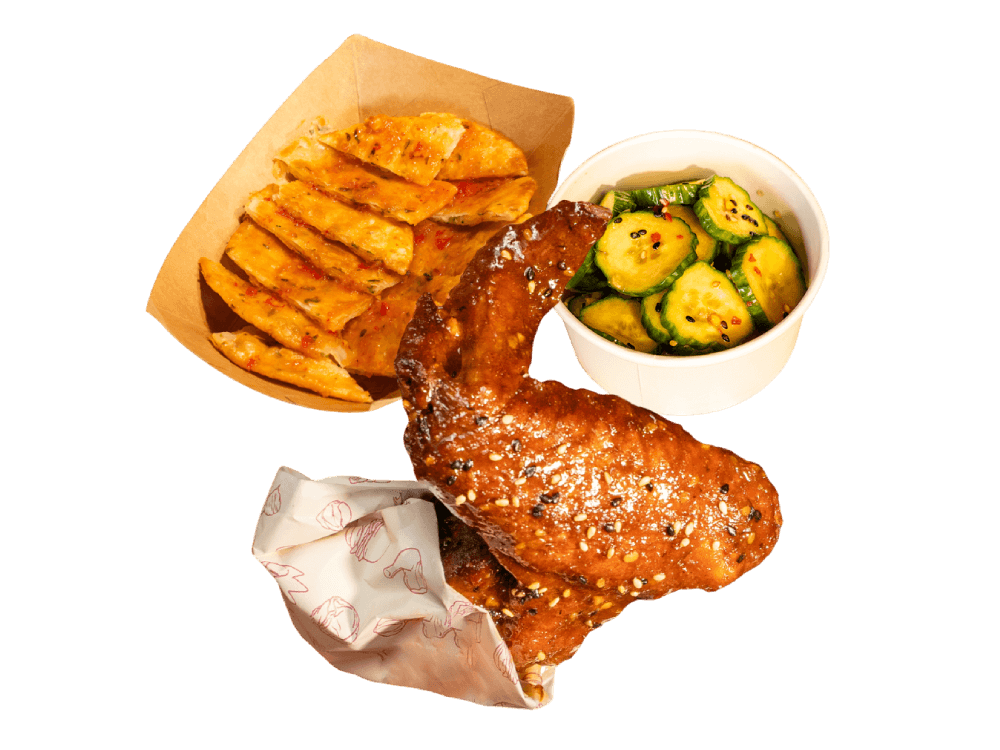 Dragon Fighter Wing with Scallion Pancake and Cucumber Salad